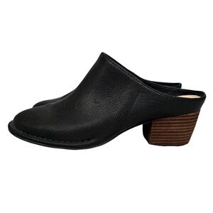 Clarks Black Leather Mules with Brown Heel